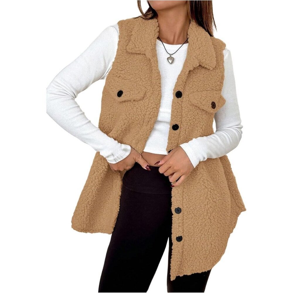 Women's Brown Fuzzy Fleece Vest Sleeveless Button Down Thigh Length Teddy Coat